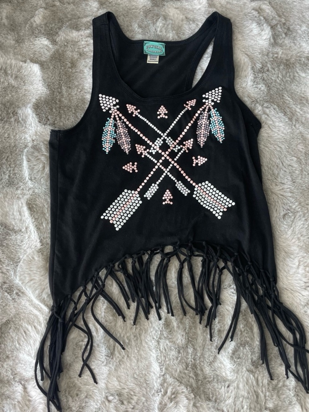 Cowgirl Hardware Southwest Rhinestone Fringe Tank Top - Black-0319